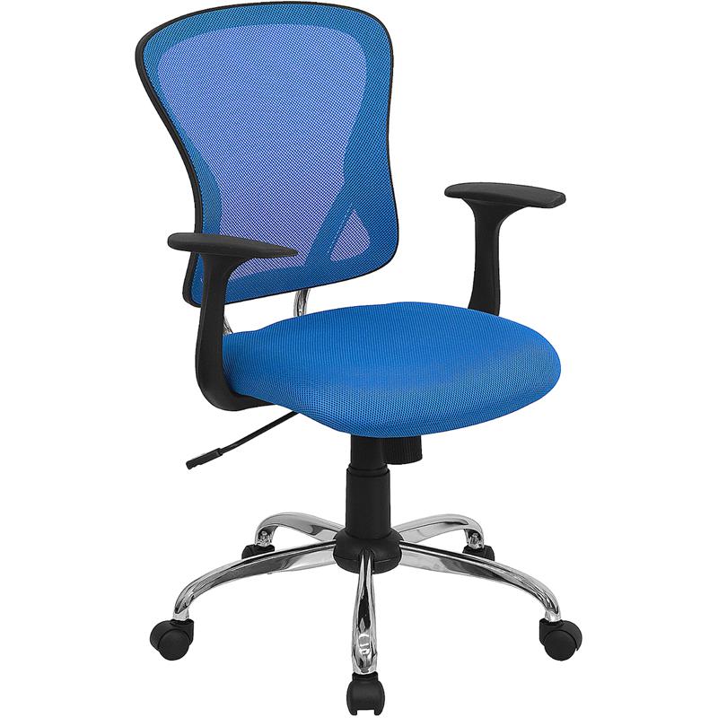 Mid-Back Blue Mesh Swivel Task Office Chair with Chrome Base and Arms. The main picture.