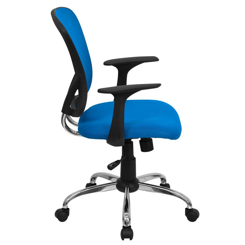 Mid-Back Blue Mesh Swivel Task Office Chair with Chrome Base and Arms. Picture 2