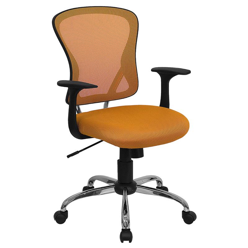 Mid-Back Orange Mesh Swivel Task Office Chair with Chrome Base and Arms. Picture 1