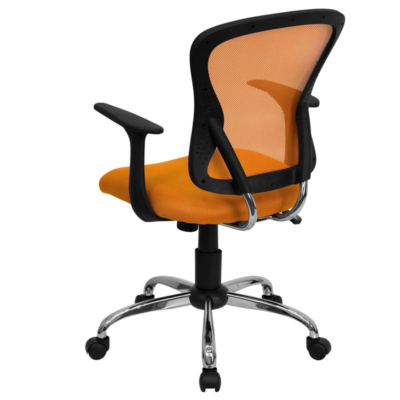 Mid-Back Orange Mesh Swivel Task Office Chair with Chrome Base and Arms. Picture 3