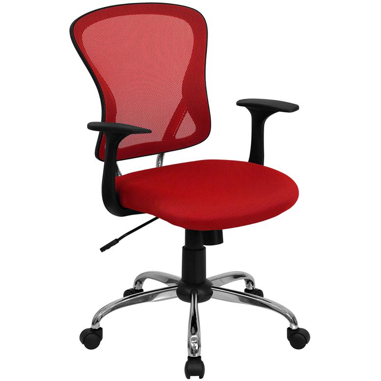 Mid-Back Red Mesh Swivel Task Office Chair with Chrome Base and Arms. Picture 1