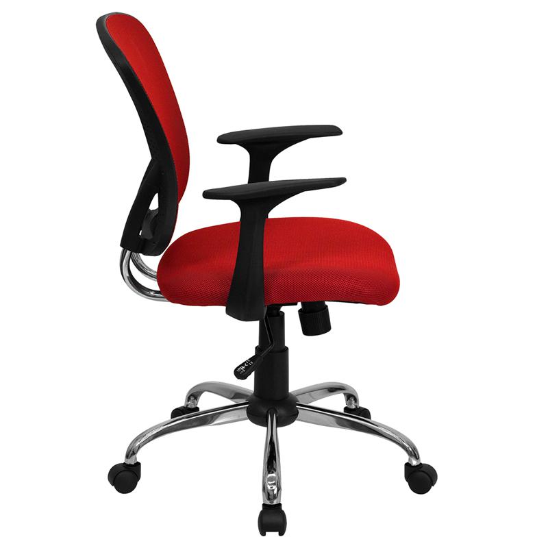 Mid-Back Red Mesh Swivel Task Office Chair with Chrome Base and Arms. Picture 2