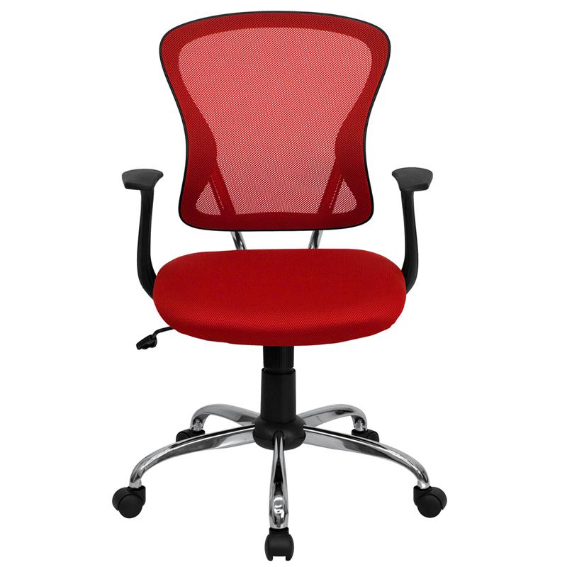 Mid-Back Red Mesh Swivel Task Office Chair with Chrome Base and Arms. Picture 4