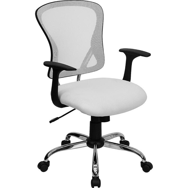 Mid-Back White Mesh Swivel Task Office Chair with Chrome Base and Arms. Picture 1