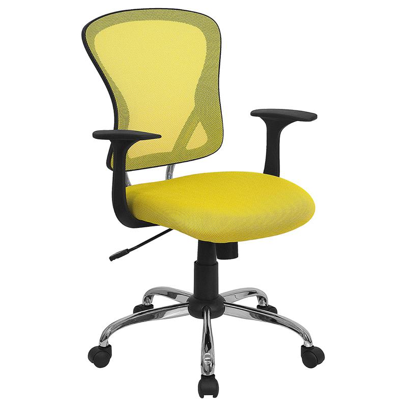 Mid-Back Yellow Mesh Swivel Task Office Chair with Chrome Base and Arms. Picture 1