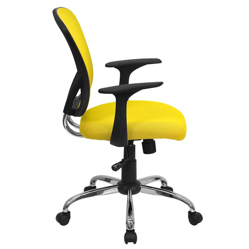 Mid-Back Yellow Mesh Swivel Task Office Chair with Chrome Base and Arms. Picture 2