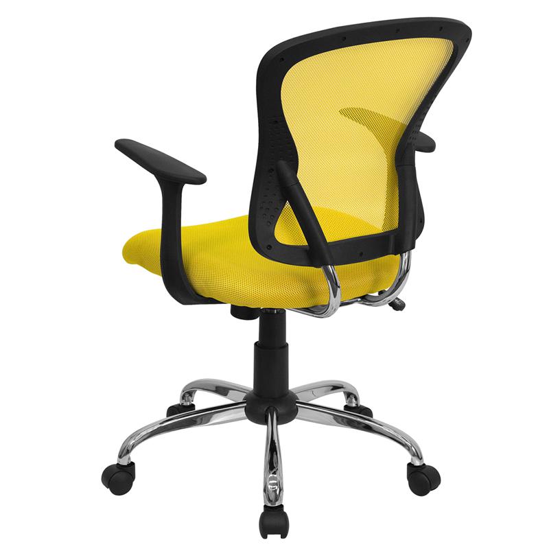 Mid-Back Yellow Mesh Swivel Task Office Chair with Chrome Base and Arms. Picture 3