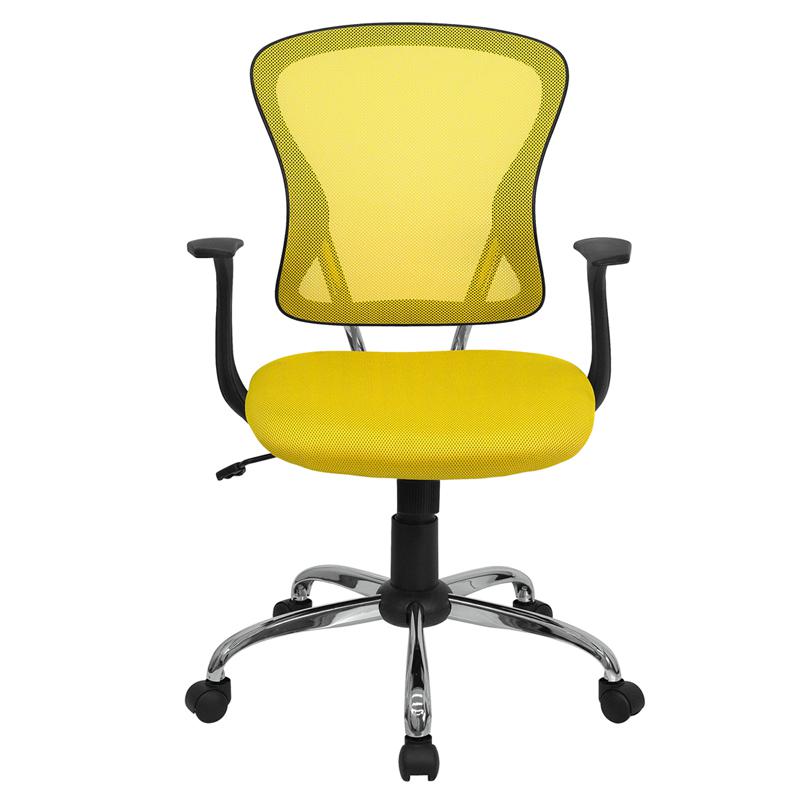 Mid-Back Yellow Mesh Swivel Task Office Chair with Chrome Base and Arms. Picture 4