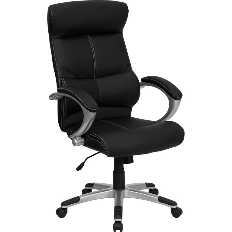 High Back Black LeatherSoft Executive Swivel Office Chair with Curved Headrest and White Line Stitching. The main picture.