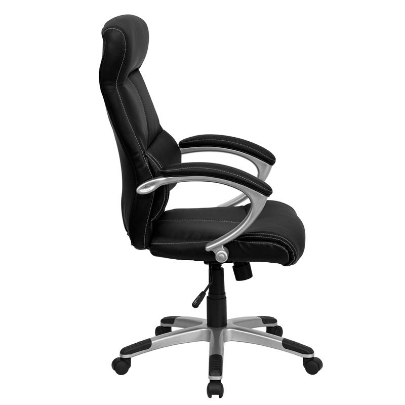 High Back Black LeatherSoft Executive Swivel Office Chair with Curved Headrest and White Line Stitching. Picture 2