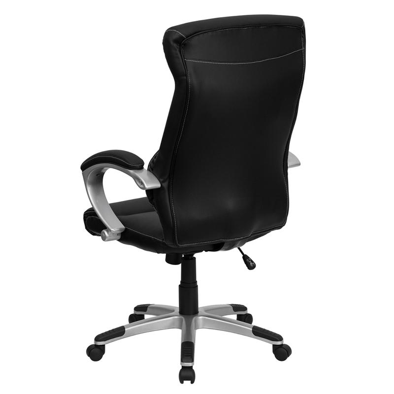 High Back Black LeatherSoft Executive Swivel Office Chair with Curved Headrest and White Line Stitching. Picture 3