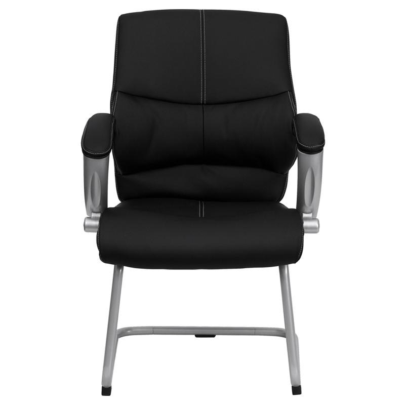 Black LeatherSoft Executive Side Reception Chair with Silver Sled Base. Picture 4