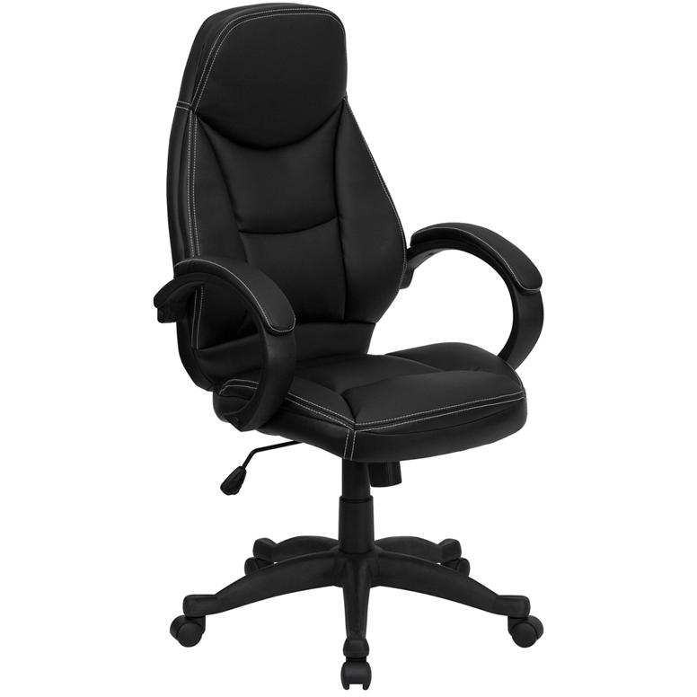 High Back Black Executive Swivel Office Chair with Curved Back and Loop Arms. Picture 1