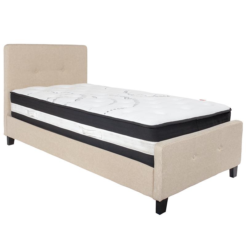 Twin Size Platform Bed in Beige Fabric with Pocket Spring Mattress. Picture 2