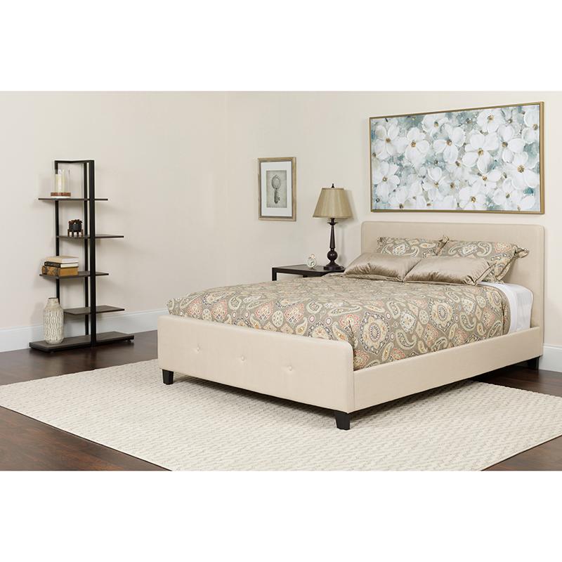 Twin Size Platform Bed in Beige Fabric with Pocket Spring Mattress. Picture 1