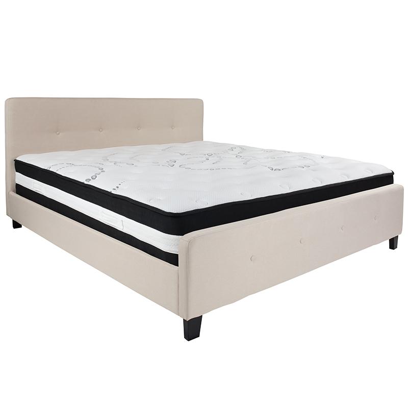 King Size Platform Bed in Beige Fabric with Pocket Spring Mattress. Picture 2