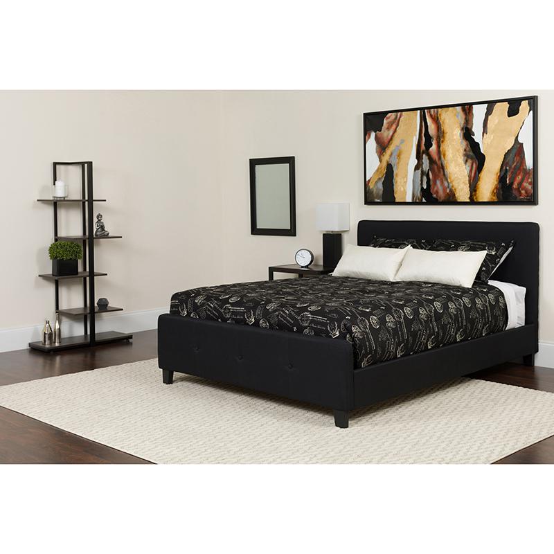 King Size Platform Bed in Black Fabric with Pocket Spring Mattress. Picture 1