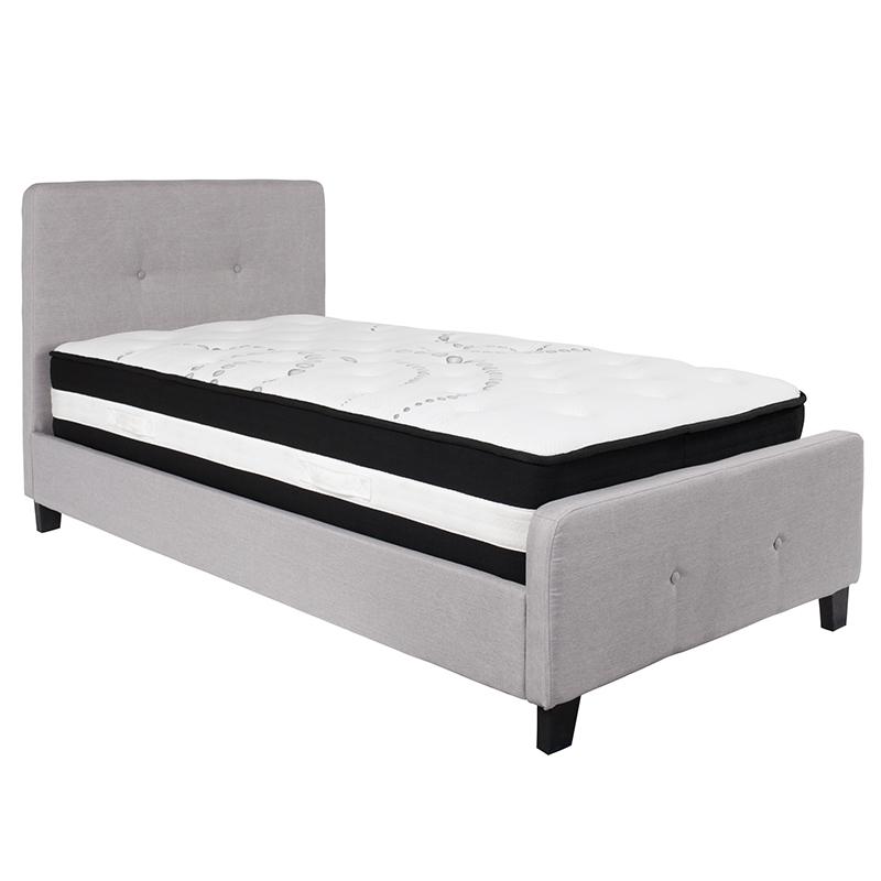 Twin Size Platform Bed in Light Gray Fabric with Pocket Spring Mattress. Picture 2