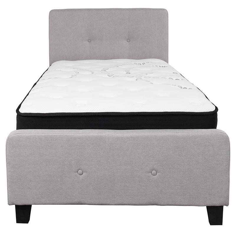 Twin Size Platform Bed in Light Gray Fabric with Pocket Spring Mattress. Picture 3