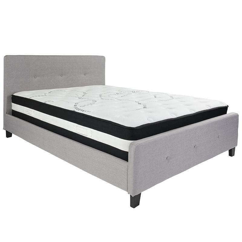 Queen Size Platform Bed in Light Gray Fabric with Pocket Spring Mattress. Picture 2