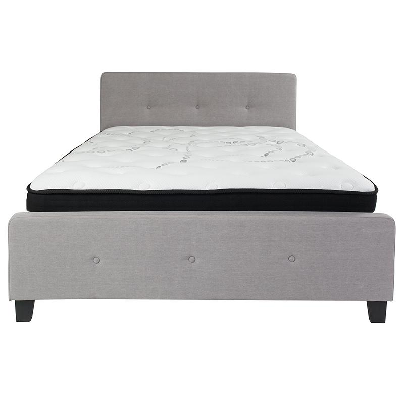 Queen Size Platform Bed in Light Gray Fabric with Pocket Spring Mattress. Picture 3
