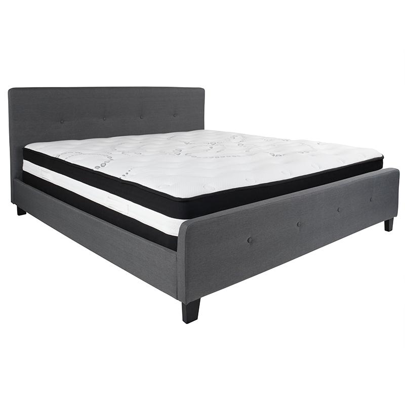 King Size Platform Bed in Dark Gray Fabric with Pocket Spring Mattress. Picture 2