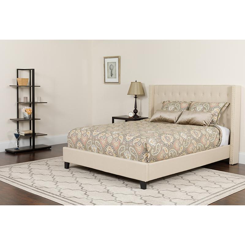 King Size Platform Bed in Beige Fabric with Pocket Spring Mattress. Picture 1