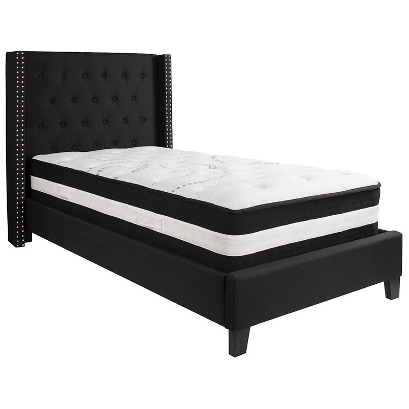 Twin Size Platform Bed in Black Fabric with Pocket Spring Mattress. Picture 1
