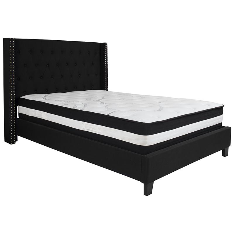 Full Size Platform Bed in Black Fabric with Pocket Spring Mattress. Picture 1