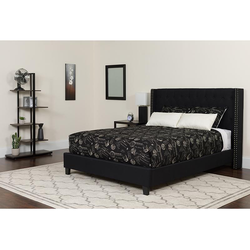 Queen Size Platform Bed in Black Fabric with Pocket Spring Mattress. Picture 1