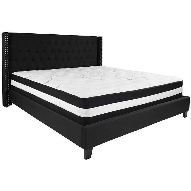 King Size Platform Bed in Black Fabric with Pocket Spring Mattress. Picture 2