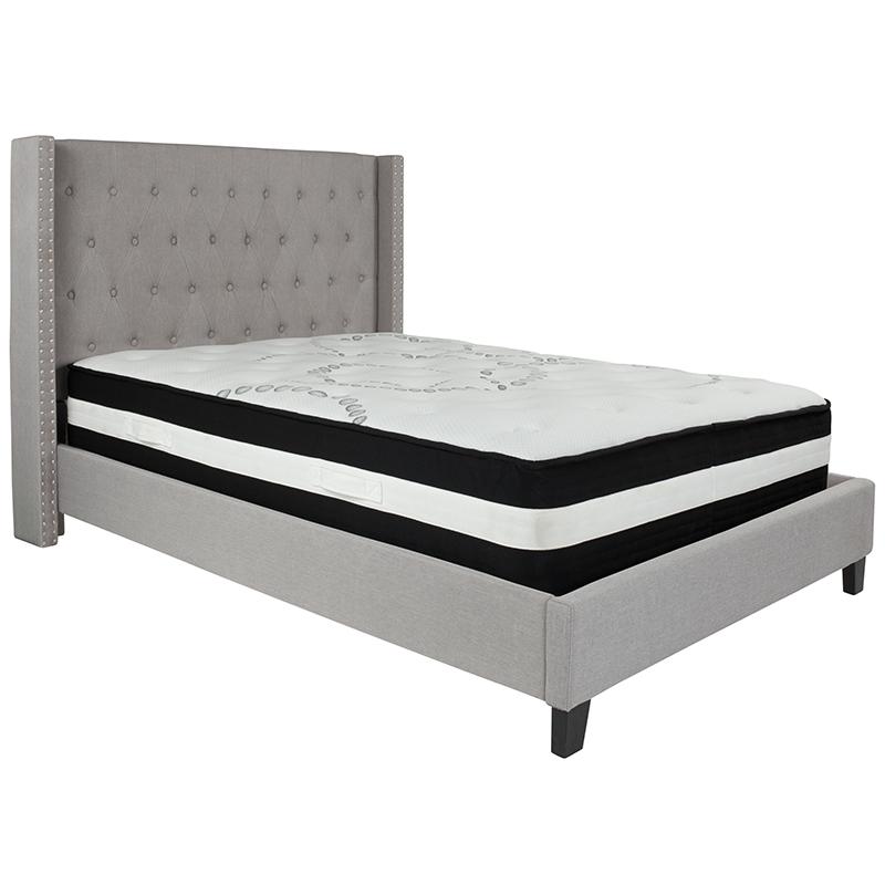 Full Size Platform Bed in Light Gray Fabric with Pocket Spring Mattress. Picture 2