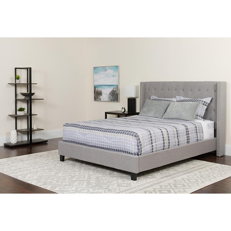 Full Size Platform Bed in Light Gray Fabric with Pocket Spring Mattress. Picture 1