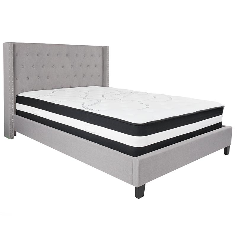 Queen Size Platform Bed in Light Gray Fabric with Pocket Spring Mattress. Picture 2