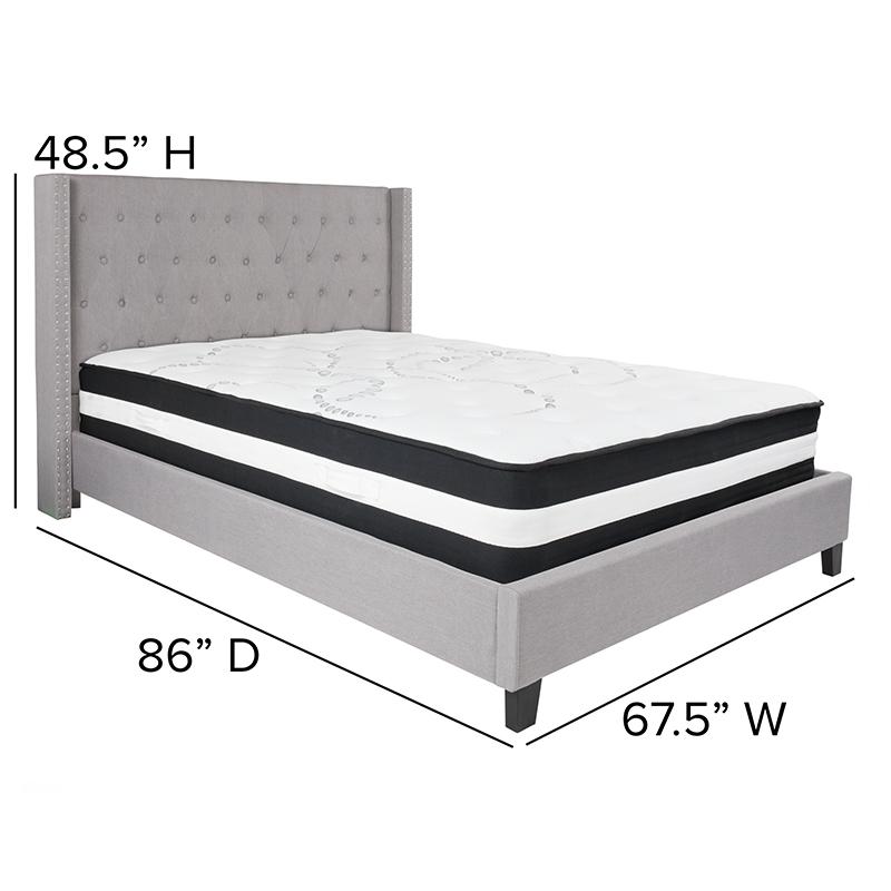Queen Size Platform Bed in Light Gray Fabric with Pocket Spring Mattress. Picture 4