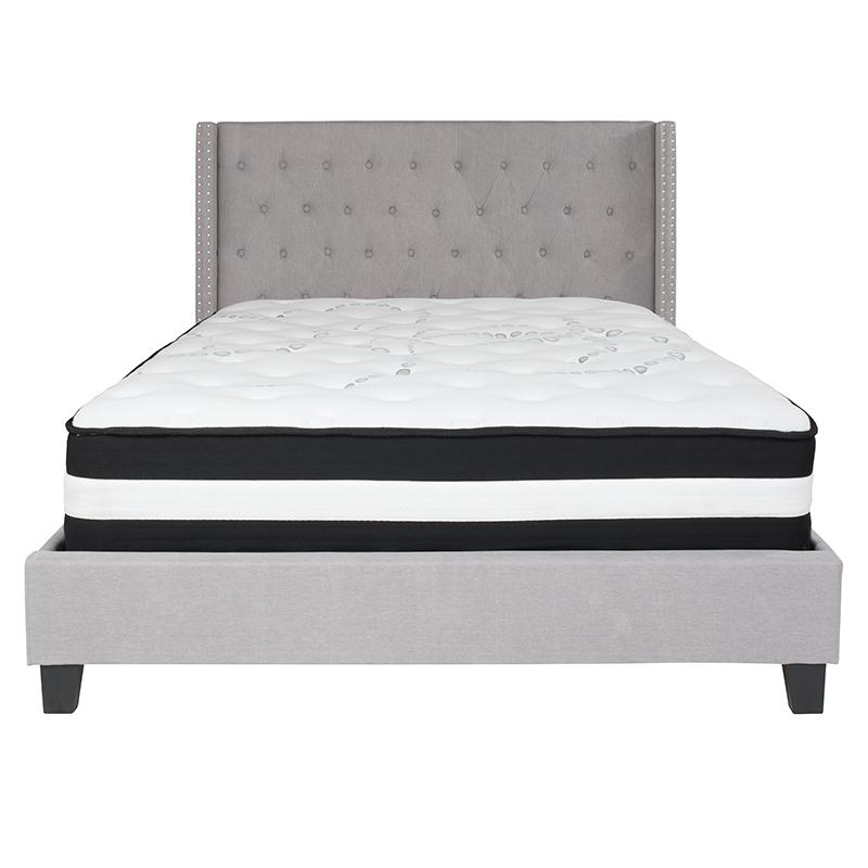 Queen Size Platform Bed in Light Gray Fabric with Pocket Spring Mattress. Picture 3