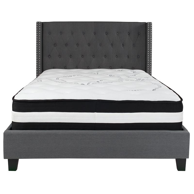 Full Size Platform Bed in Dark Gray Fabric with Pocket Spring Mattress. Picture 3