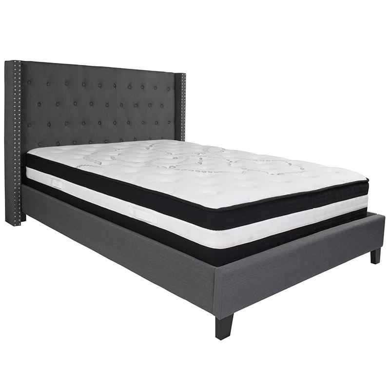 Queen Size Platform Bed in Dark Gray Fabric with Pocket Spring Mattress. Picture 2