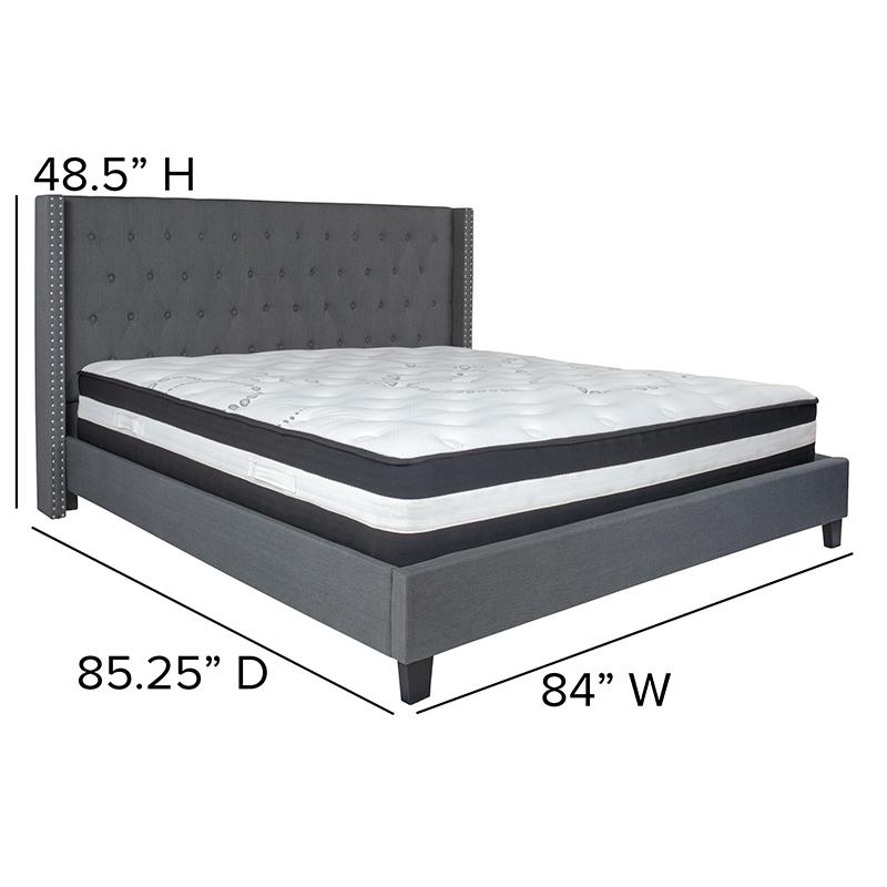 King Size Platform Bed in Dark Gray Fabric with Pocket Spring Mattress. Picture 4
