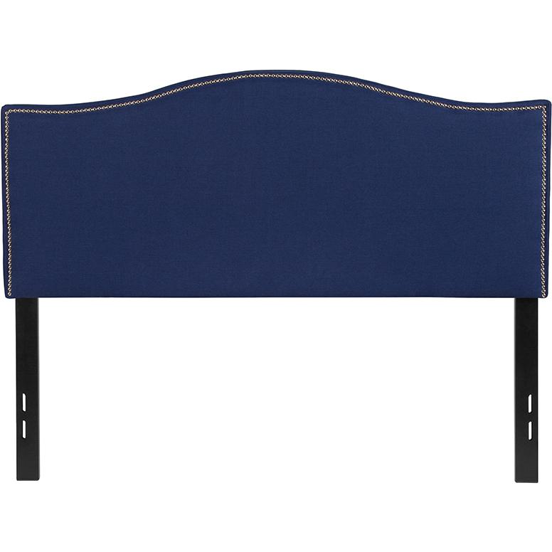 Upholstered Full Size Headboard with Accent Nail Trim in Navy Fabric. Picture 1