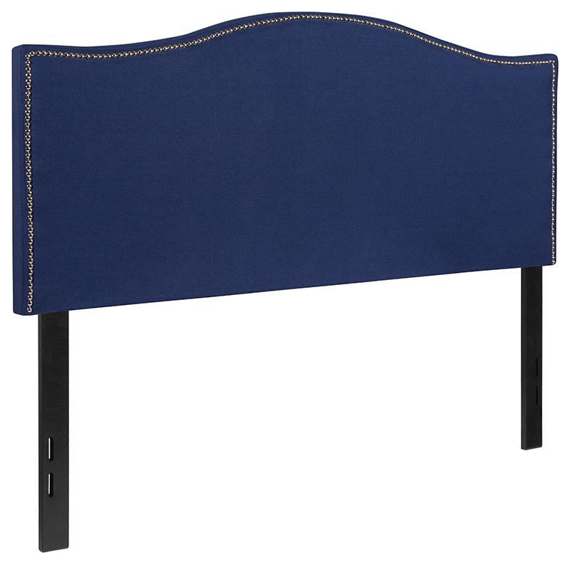 Upholstered Full Size Headboard with Accent Nail Trim in Navy Fabric. Picture 2