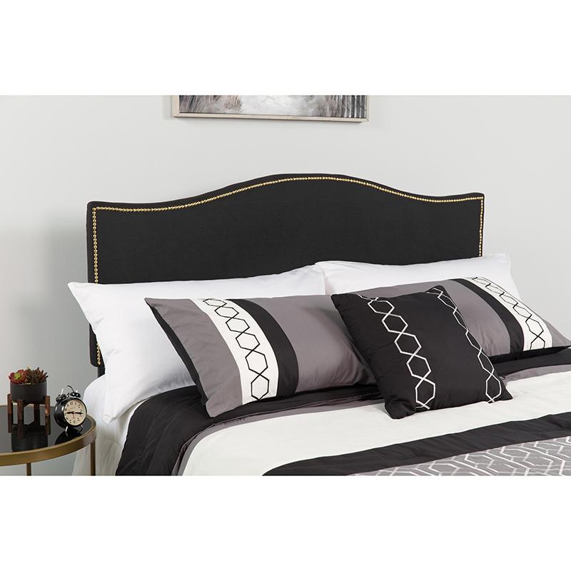 Lexington Upholstered Queen Size Headboard with Accent Nail Trim in Black Fabric. The main picture.