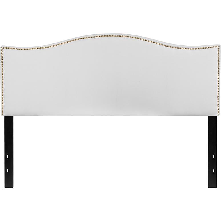 Upholstered Queen Size Headboard with Accent Nail Trim in White Fabric. Picture 1