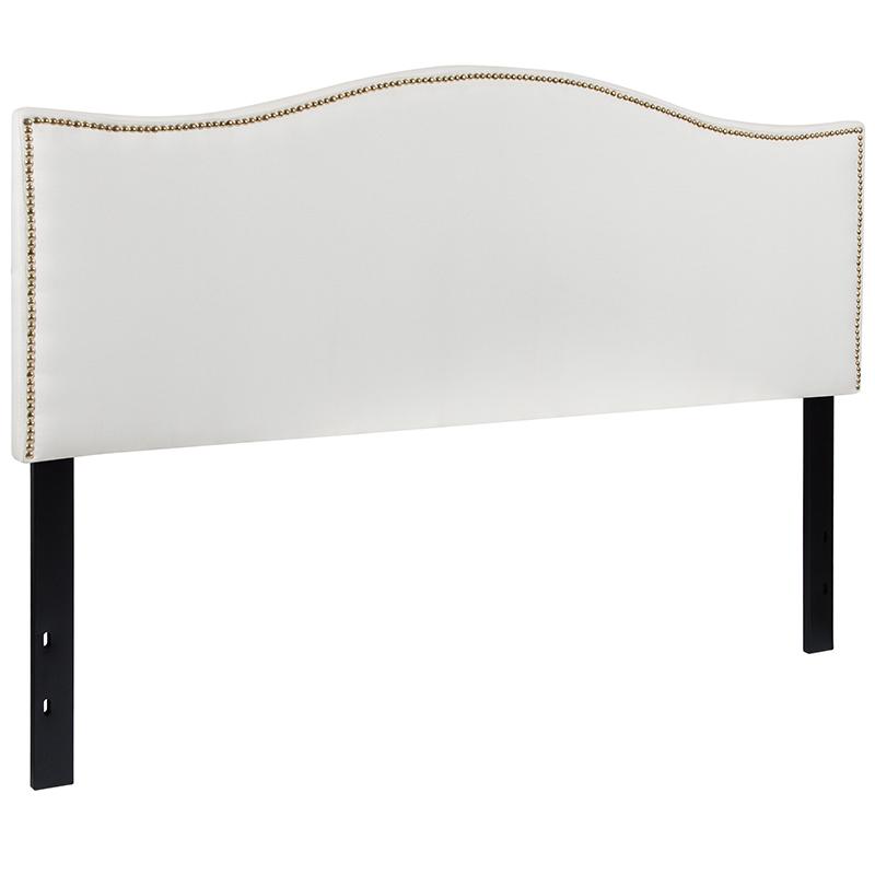 Upholstered Queen Size Headboard with Accent Nail Trim in White Fabric. Picture 2