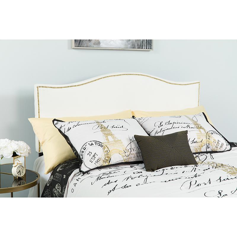 Upholstered Queen Size Headboard with Accent Nail Trim in White Fabric. Picture 4