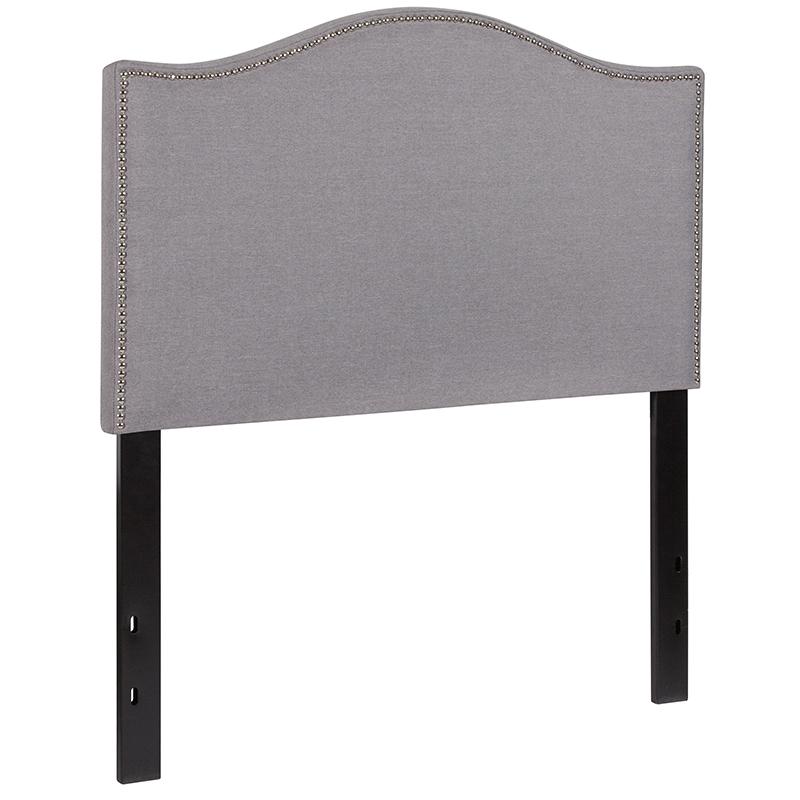 Lexington Upholstered Twin Size Headboard with Accent Nail Trim in Light Gray Fabric. Picture 2