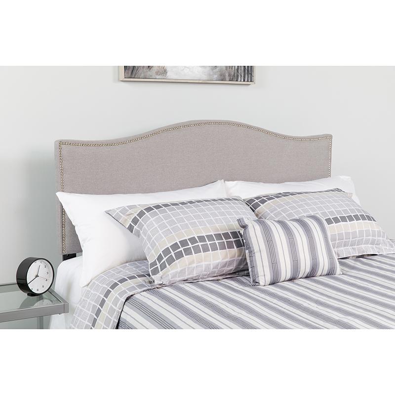 Lexington Upholstered Twin Size Headboard with Accent Nail Trim in Light Gray Fabric. Picture 4