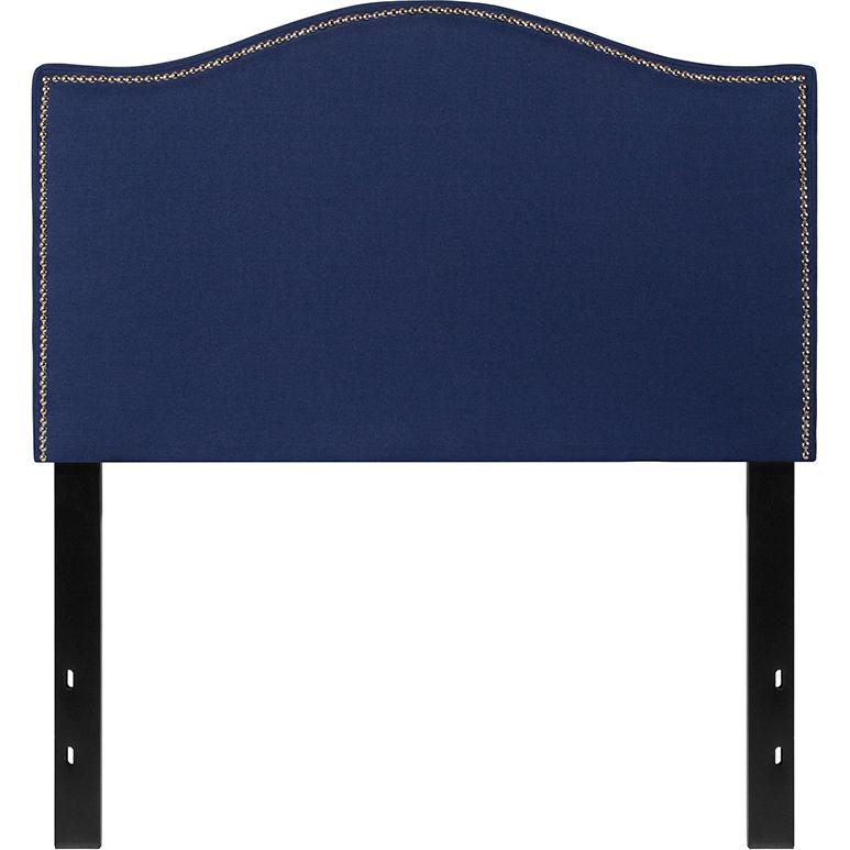 Upholstered Twin Size Headboard with Accent Nail Trim in Navy Fabric. Picture 1
