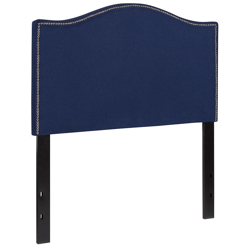Upholstered Twin Size Headboard with Accent Nail Trim in Navy Fabric. Picture 2