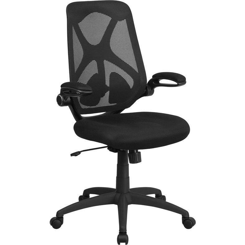 High Back Black Mesh Executive Swivel Ergonomic Office Chair with Adjustable Lumbar, 2-Paddle Control and Flip-Up Arms. The main picture.